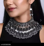 Tehzeeb Creations Women's Silver Colour Oxidised Necklace Set With Mirror Work | Grocsy
