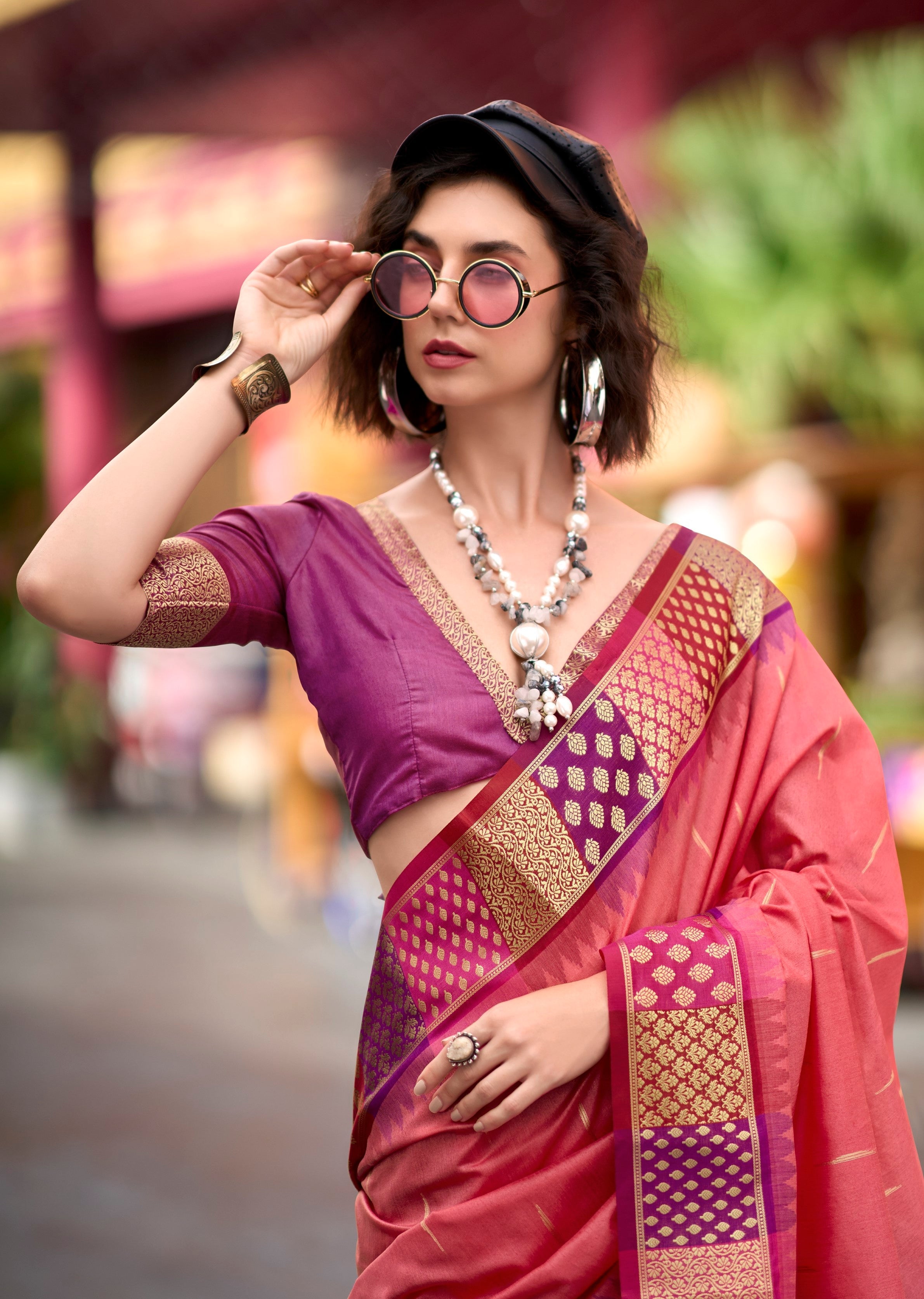 Anaita Peach Designer Weaving Pure Silk Saree With Blouse | Grocsy
