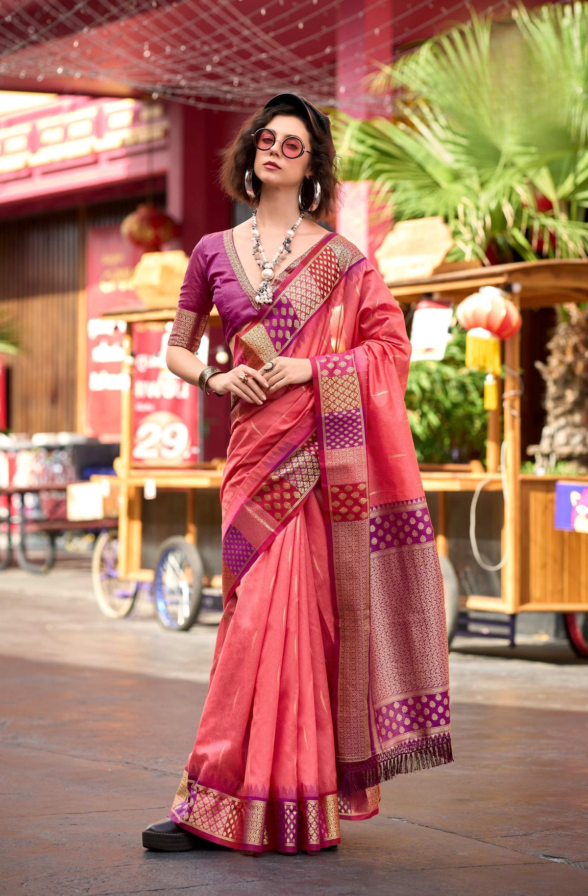 Anaita Peach Designer Weaving Pure Silk Saree With Blouse | Grocsy