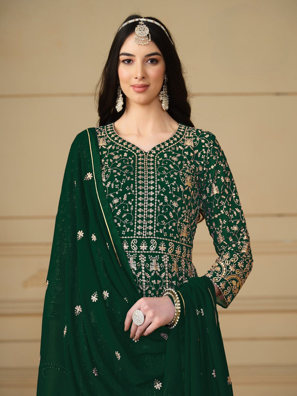 Anaita Green Embroidered Faux Georgette Anarkali Suit | Grocsy