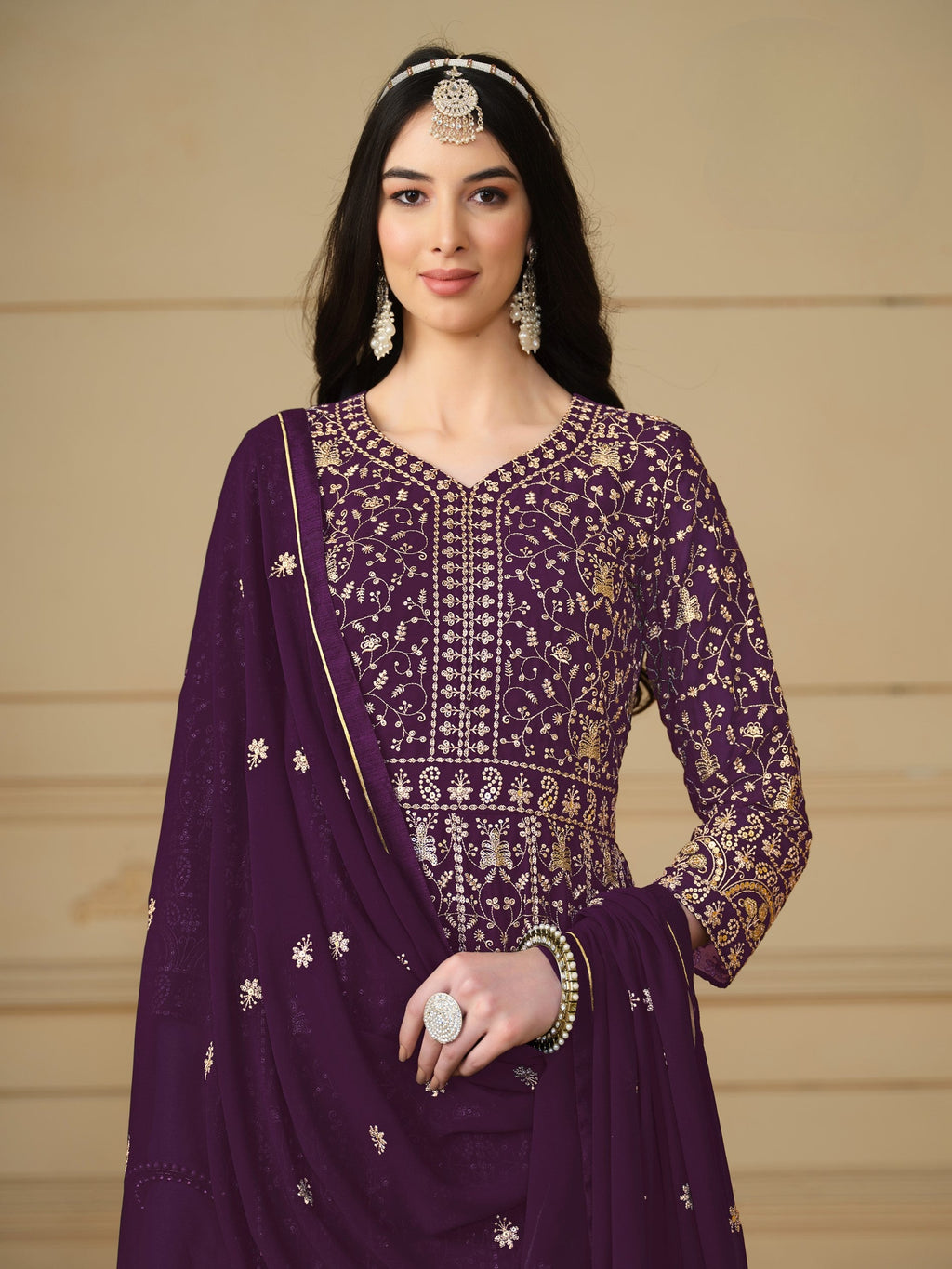 Anaita Purple Embroidered Faux Georgette Anarkali Suit | Grocsy