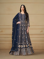 Anaita Navy Blue Embroidered Faux Georgette Anarkali Suit | Grocsy