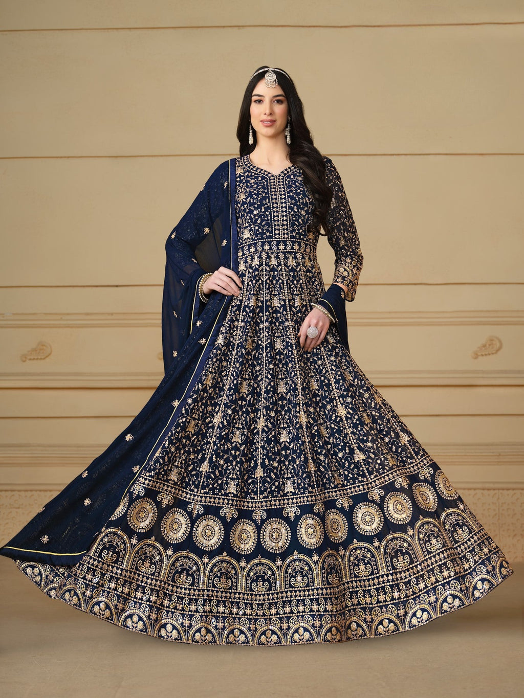 Anaita Navy Blue Embroidered Faux Georgette Anarkali Suit | Grocsy