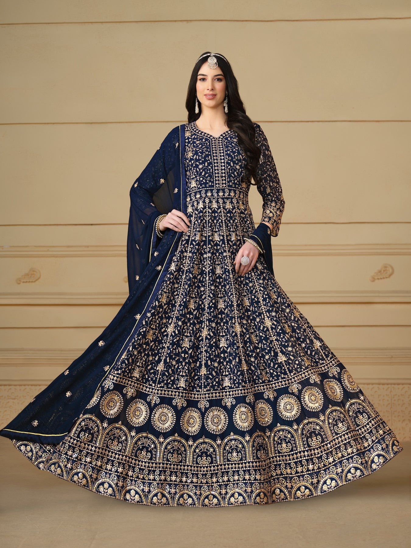 Anaita Navy Blue Embroidered Faux Georgette Anarkali Suit | Grocsy