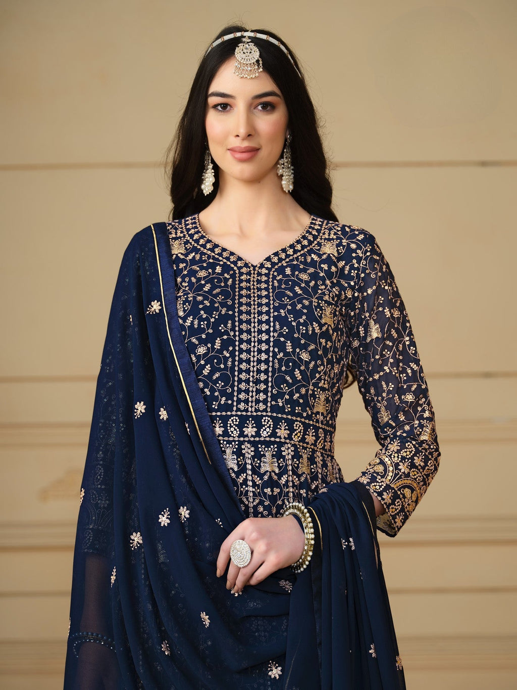 Anaita Navy Blue Embroidered Faux Georgette Anarkali Suit | Grocsy