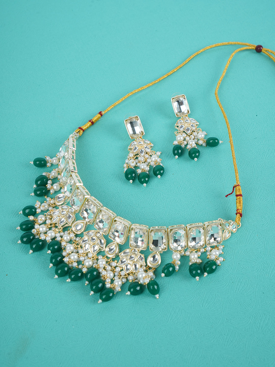 Divisha Alloy Gold-plated Green Traditional Jewellery Set | Grocsy