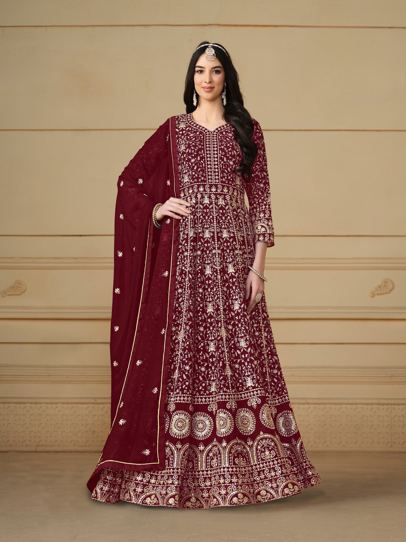Anaita Maroon Embroidered Faux Georgette Anarkali Suit | Grocsy