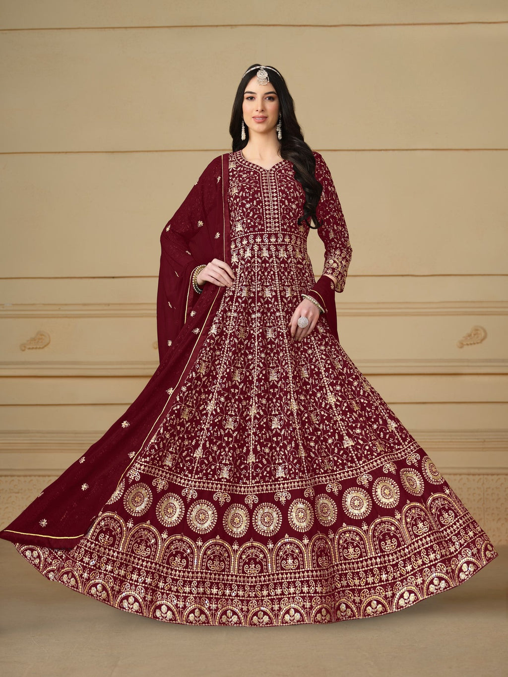 Anaita Maroon Embroidered Faux Georgette Anarkali Suit | Grocsy