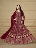 Anaita Maroon Embroidered Faux Georgette Anarkali Suit | Grocsy