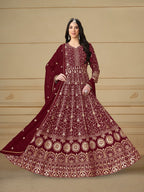 Anaita Maroon Embroidered Faux Georgette Anarkali Suit | Grocsy