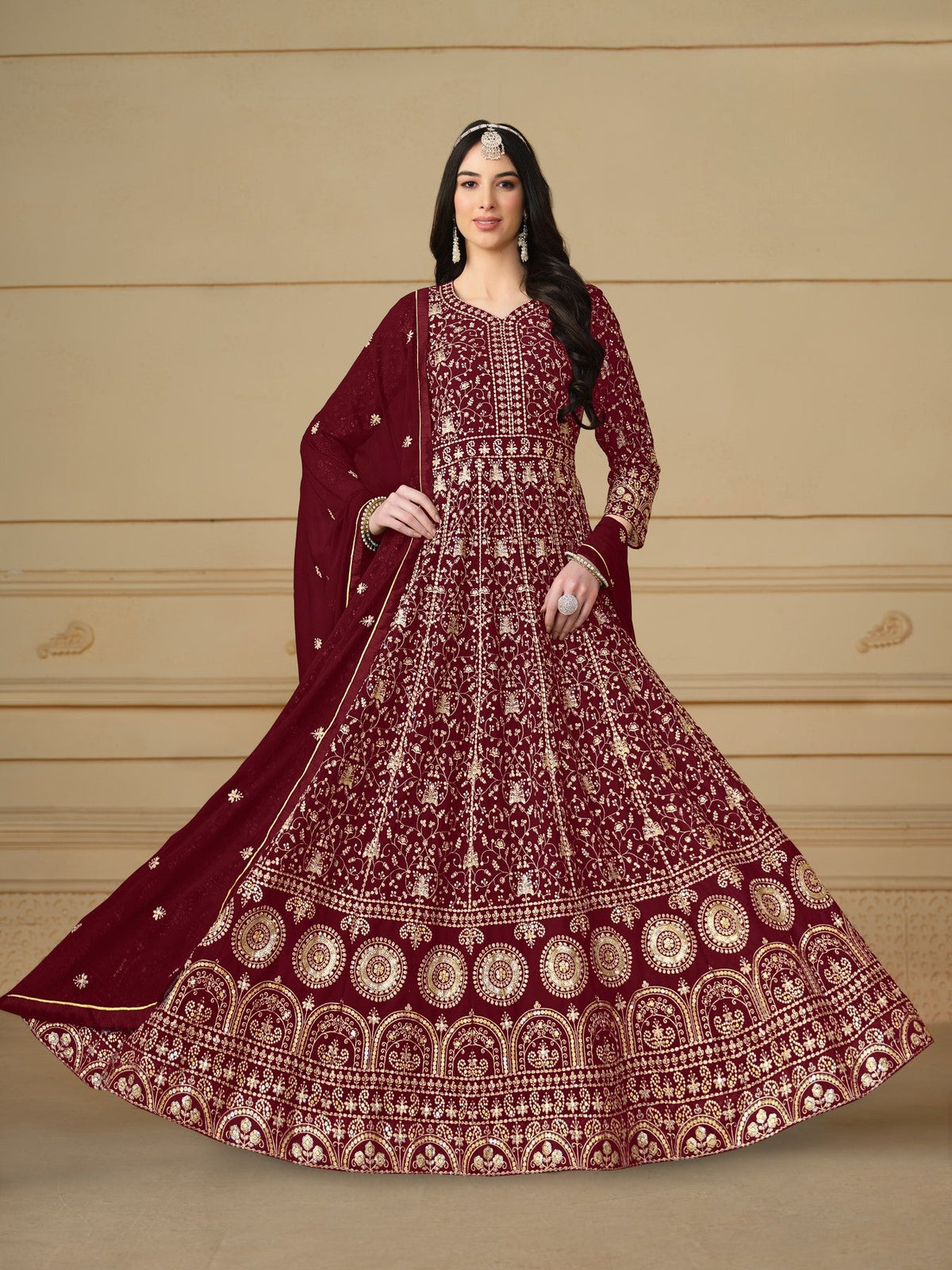 Anaita Maroon Embroidered Faux Georgette Anarkali Suit | Grocsy