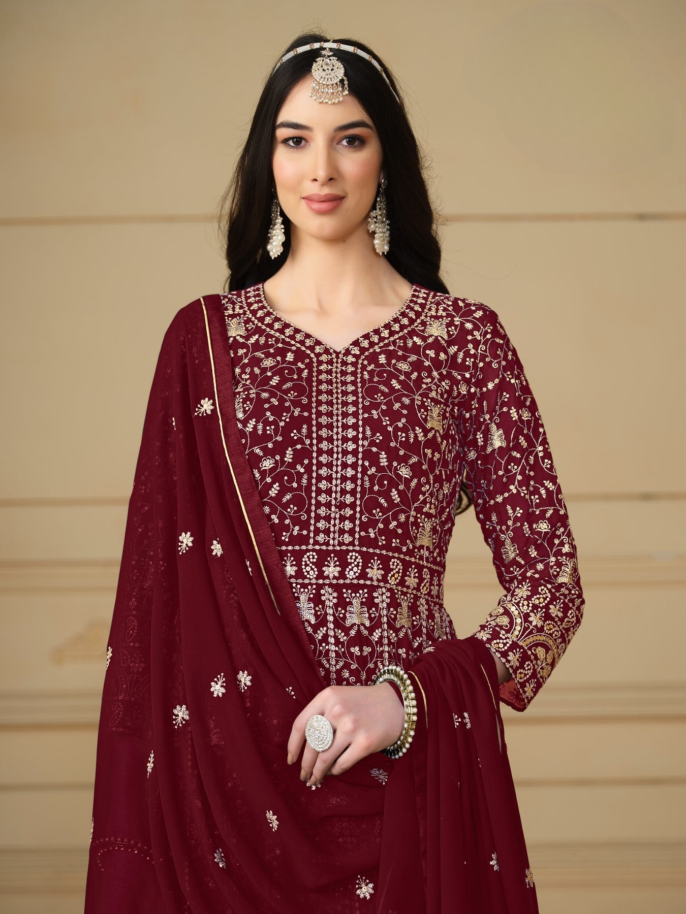 Anaita Maroon Embroidered Faux Georgette Anarkali Suit | Grocsy