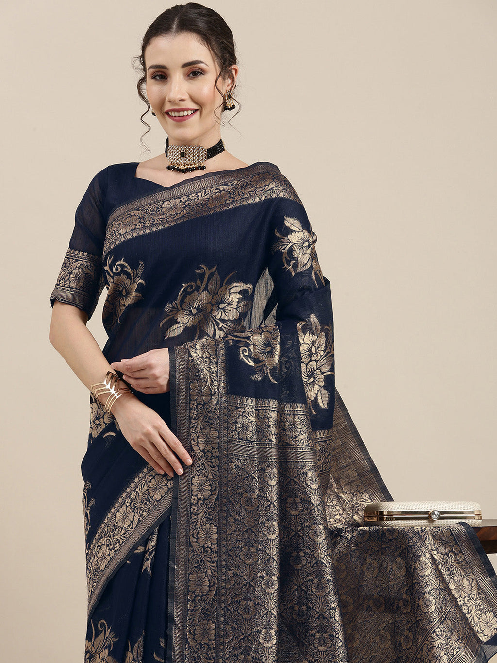 Saree Mall Navy Blue Floral Linen Blend Banarasi Saree | Grocsy