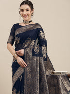 Saree Mall Navy Blue Floral Linen Blend Banarasi Saree | Grocsy