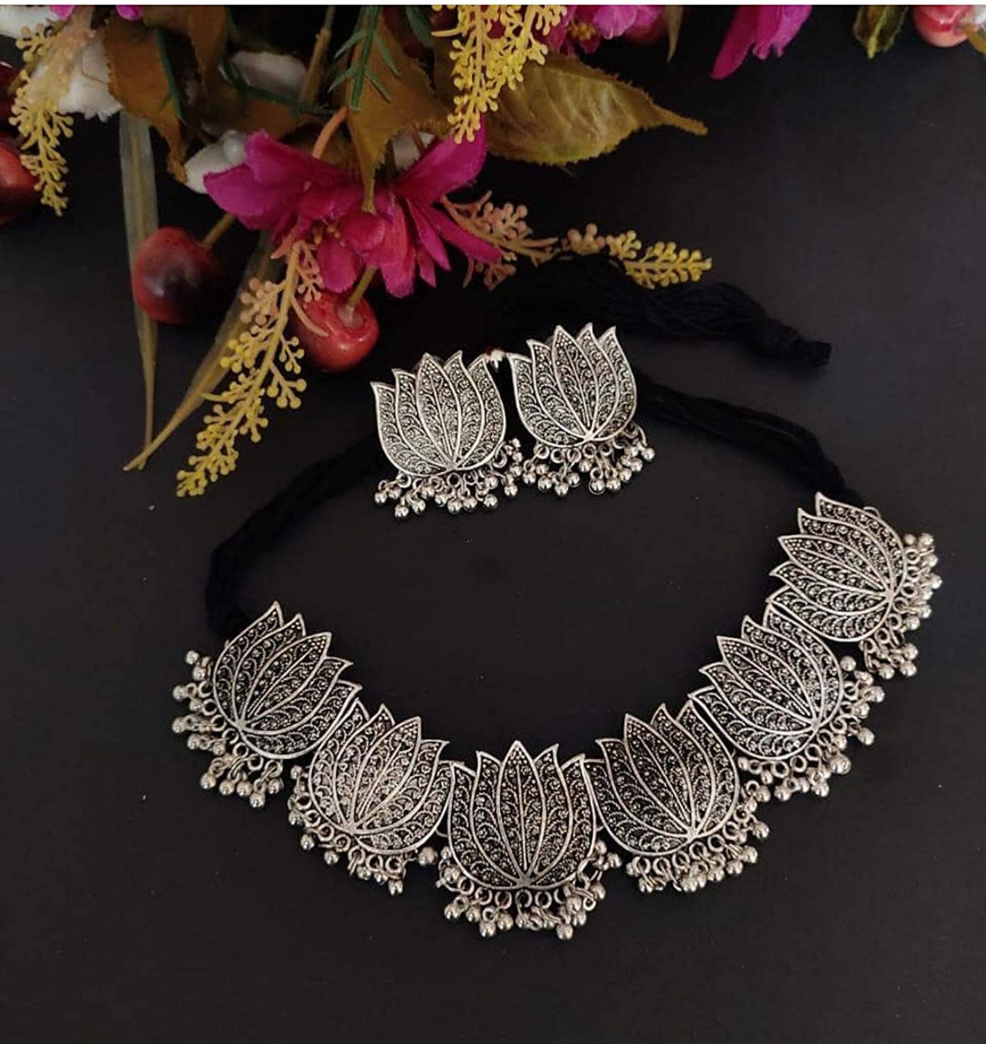 Silver-Plated Alloy Oxidised Lotus Petals Necklace - The Pari | Grocsy