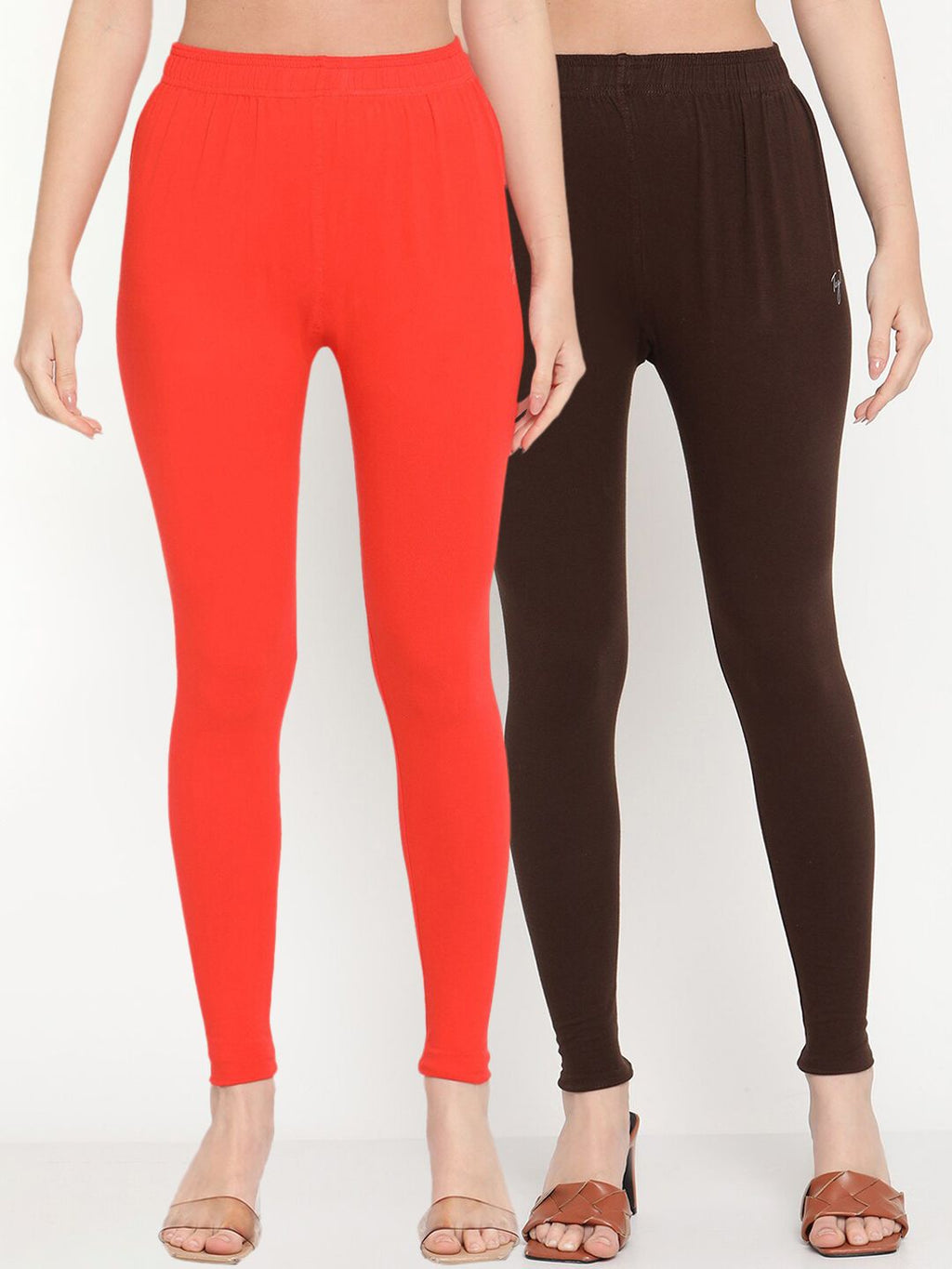 TAG 7 Women Orange & Brown Solid Ankle-Length Leggings Pack Of 2 | Grocsy