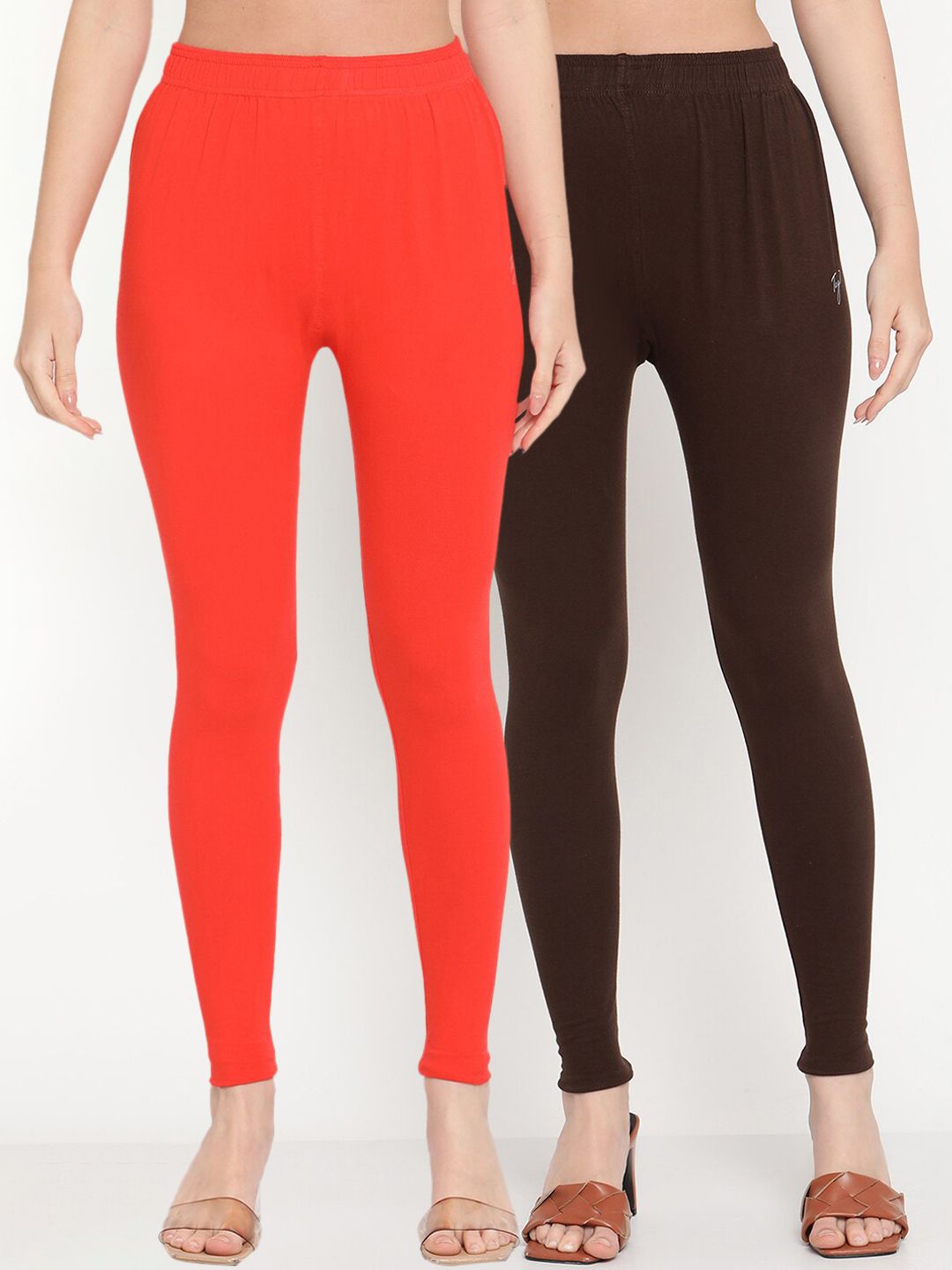 TAG 7 Women Orange & Brown Solid Ankle-Length Leggings Pack Of 2 | Grocsy