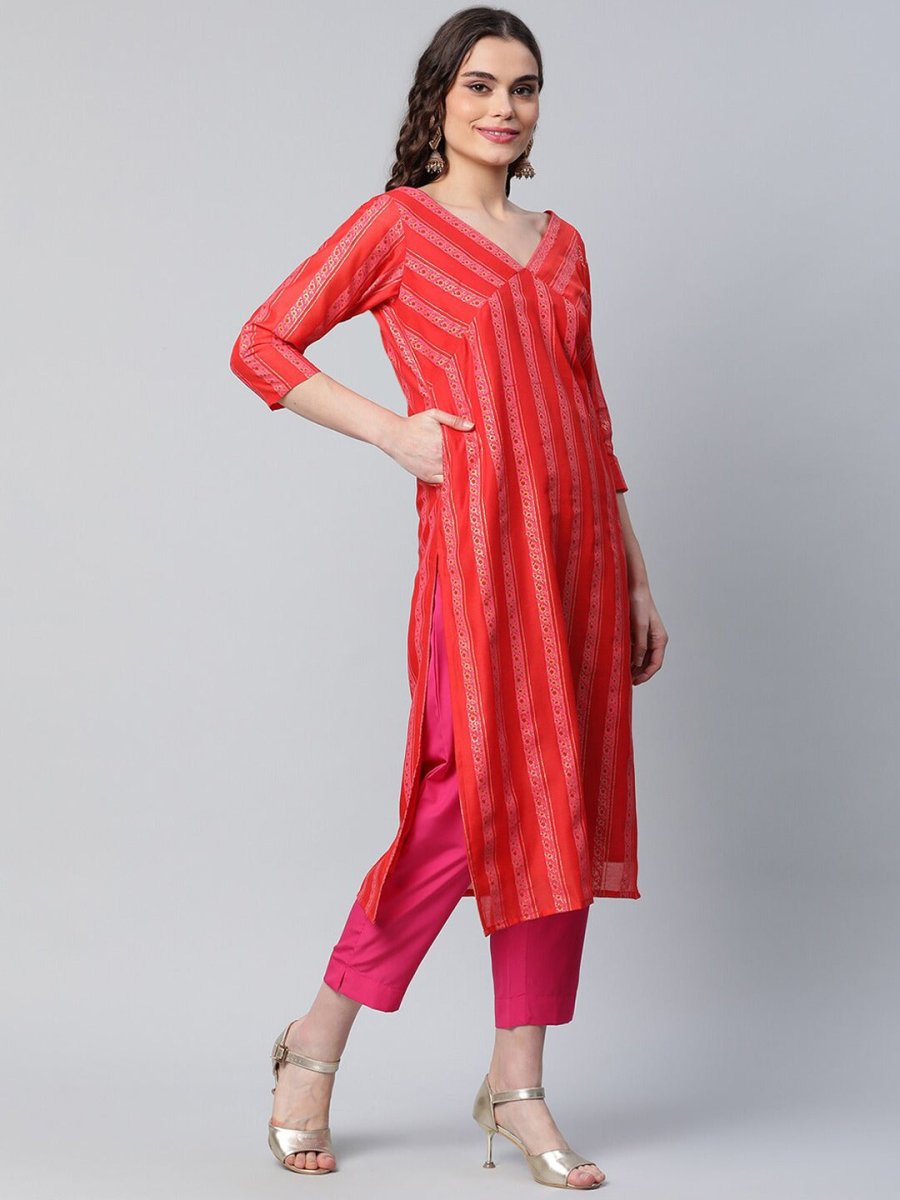 Ahalyaa Women Red Striped Kurta with Trousers | Grocsy
