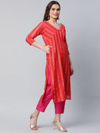 Ahalyaa Women Red Striped Kurta with Trousers | Grocsy