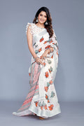 Mirchi Fashion Women's White Cotton Blend Blossom Leafs Printed Saree | Grocsy