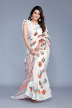 Mirchi Fashion Women's White Cotton Blend Blossom Leafs Printed Saree | Grocsy