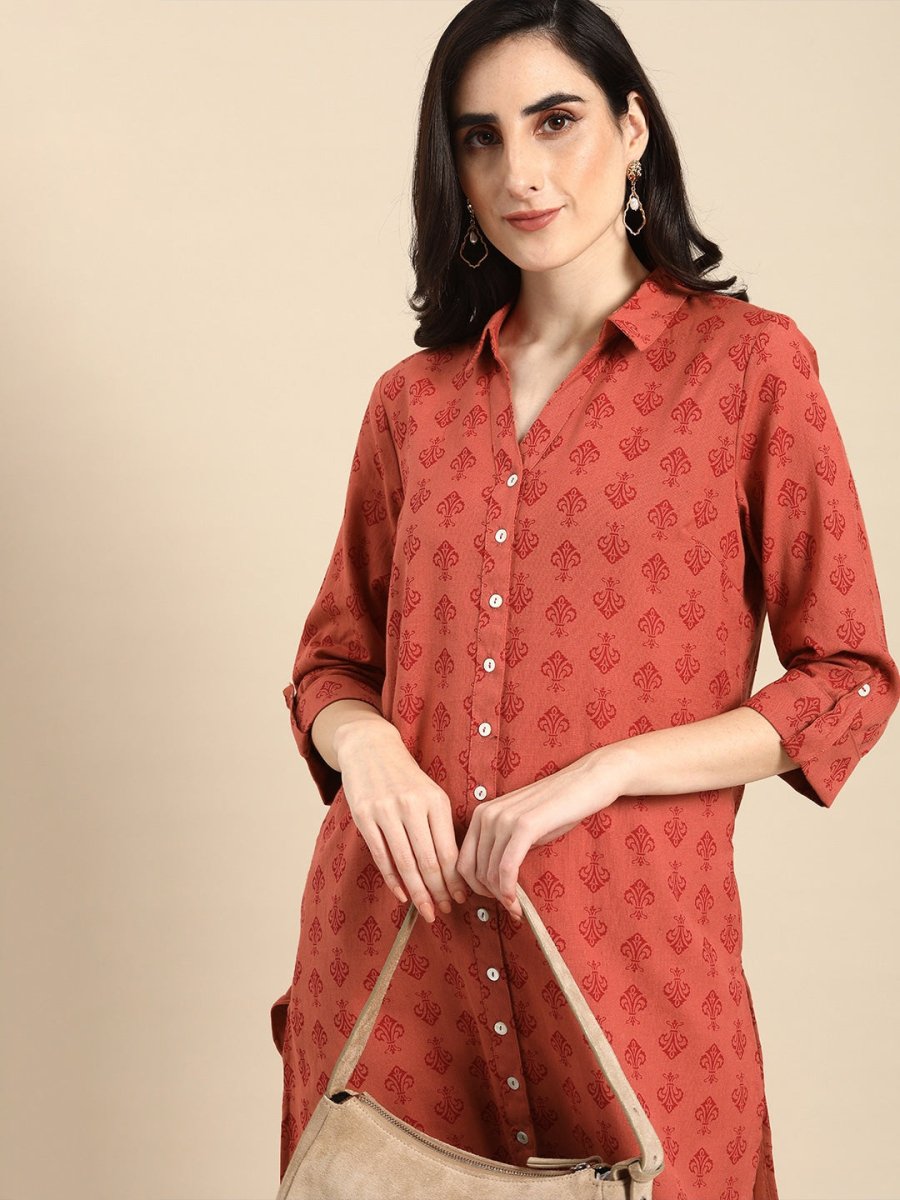 All About You Women Red Cotton Ethnic Motifs Printed Pathani Kurta | Grocsy