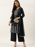 All About You Women Black & Grey Striped Keyhole Neck Kurta with Palazzos & Dupatta | Grocsy