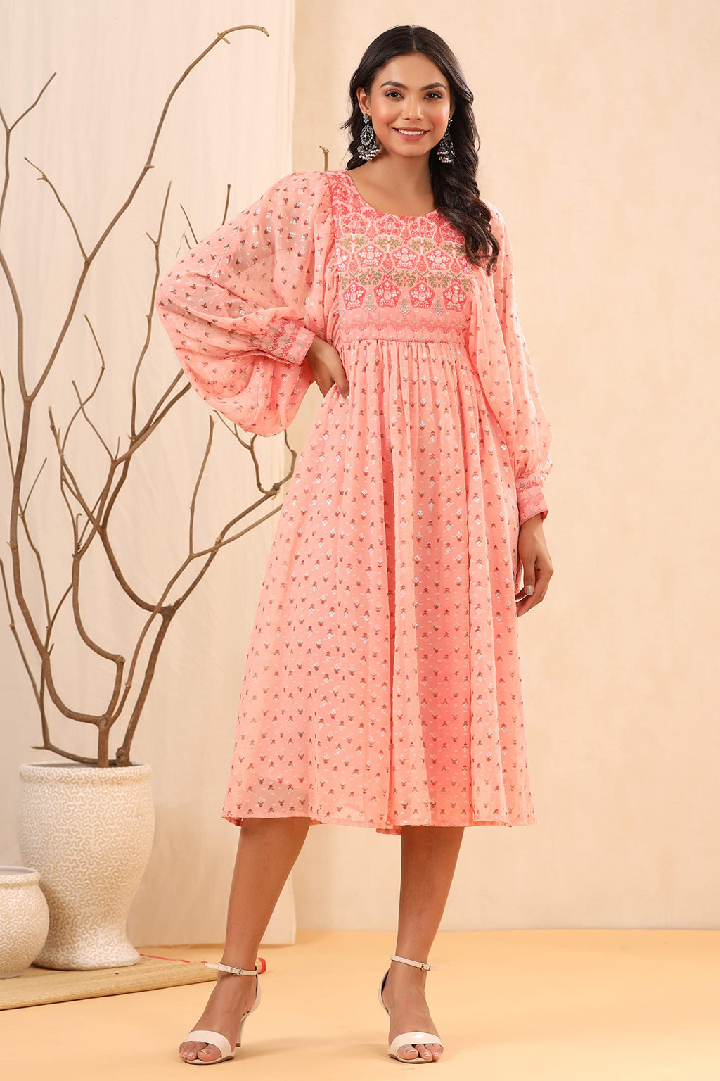 Juniper Women's Peach Ethnic Motif Printed Georgette Midi Dress With Sequins Work | Grocsy