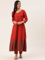 HERE&NOW Women Red Ethnic Motifs Printed Kurta with Trousers | Grocsy