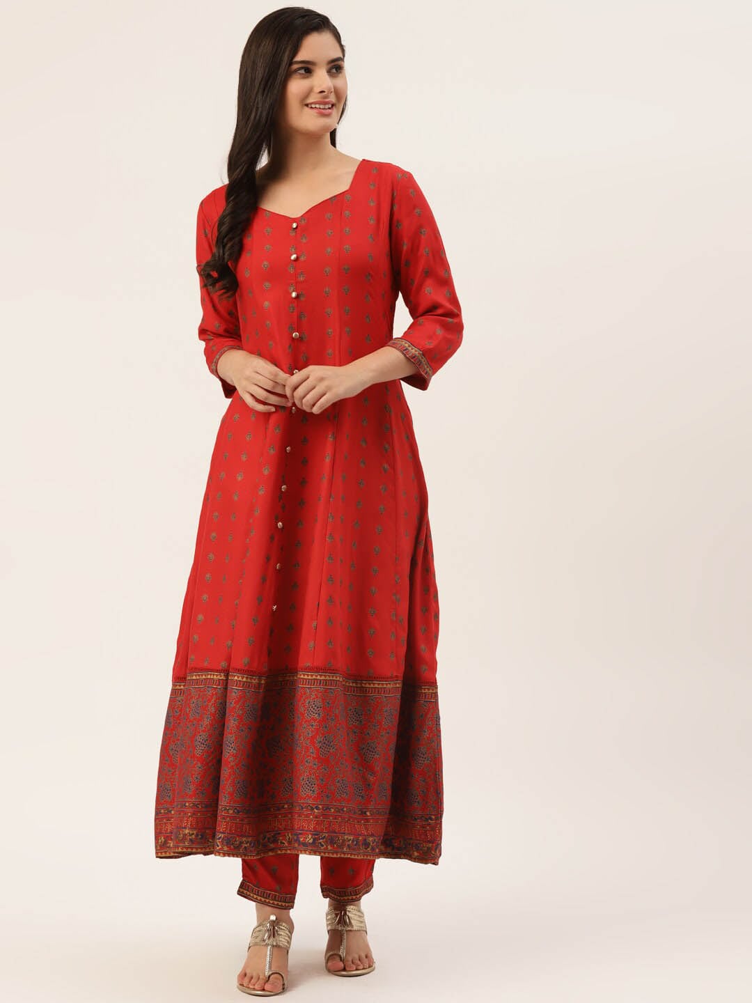 HERE&NOW Women Red Ethnic Motifs Printed Kurta with Trousers | Grocsy