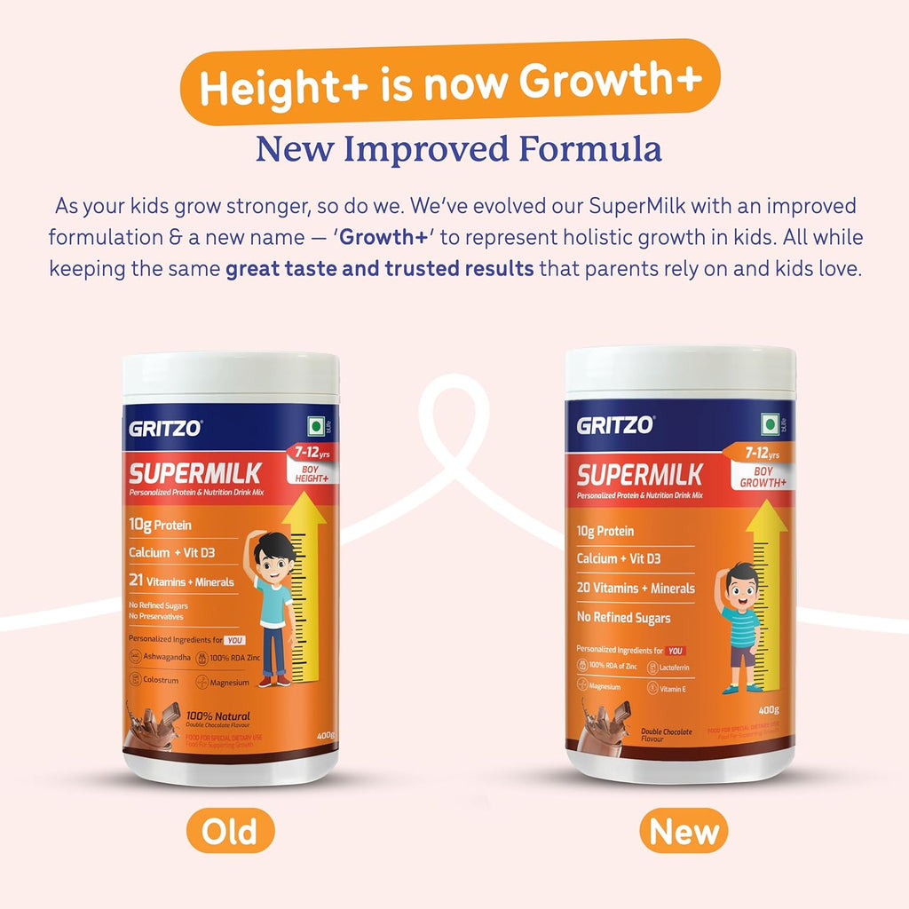 Gritzo SuperMilk Height+ (7-12y Boys), 10g Protein Powder - Double Chocolate | Grocsy