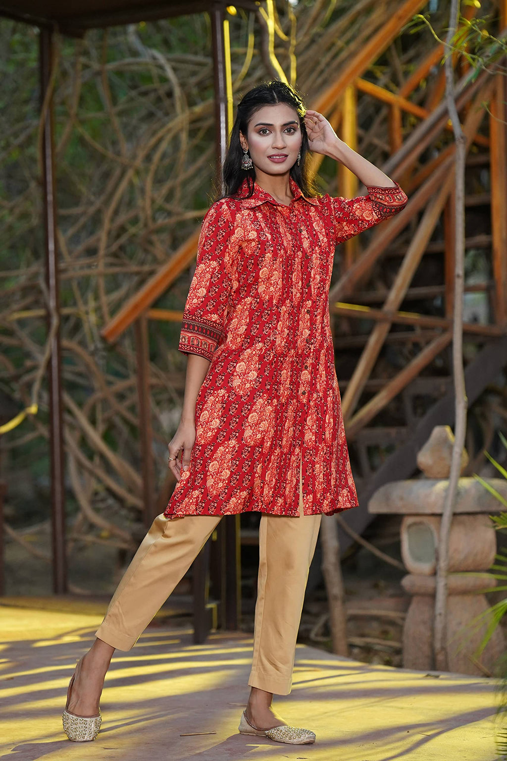 Juniper Women's Red Ethnic Motif Printed Rayon A-Line Kurta with Buttons | Grocsy