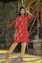 Juniper Women's Red Ethnic Motif Printed Rayon A-Line Kurta with Buttons | Grocsy