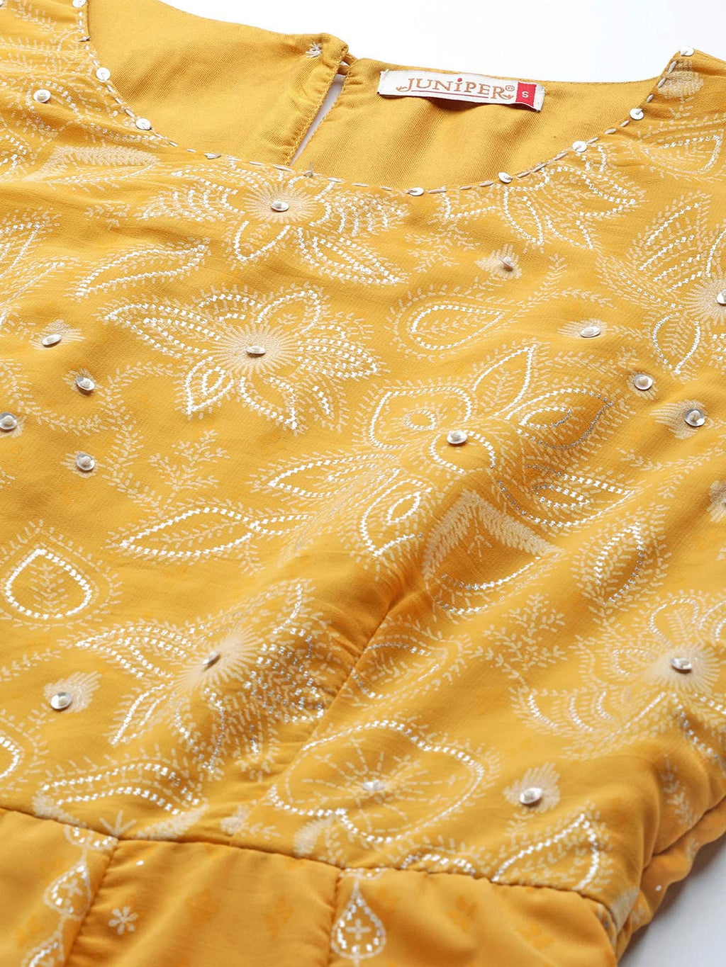 Juniper Women's Yellow Floral Printed Georgette Maxi Dress With Beads Kantha Work & Sequins At Neckline | Grocsy