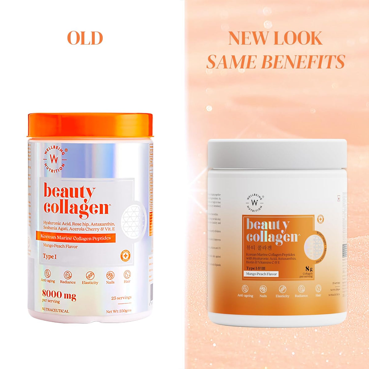 Wellbeing Nutrition Beauty Korean Marine Collagen Peptides-Mango Peach Flavor | Grocsy