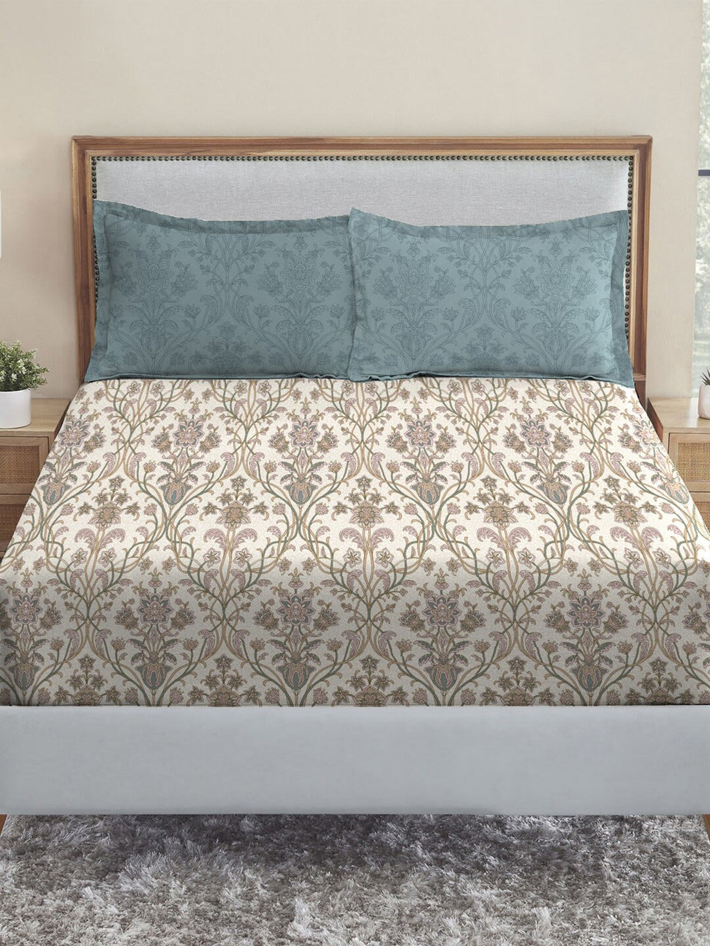 MYTRIDENT Dusk and Dawn Beige Printed Pure Cotton 144 TC Queen Bedsheet 2 Pillow Covers | Grocsy