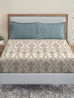 MYTRIDENT Dusk and Dawn Beige Printed Pure Cotton 144 TC Queen Bedsheet 2 Pillow Covers | Grocsy