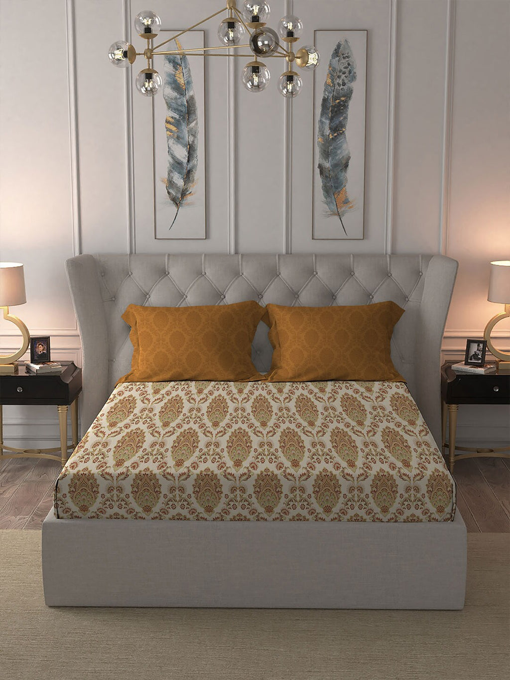 MYTRIDENT Celebration Cream-Coloured Ethnic Cotton 144 TC Queen Bedsheet & 2 Pillow Covers | Grocsy