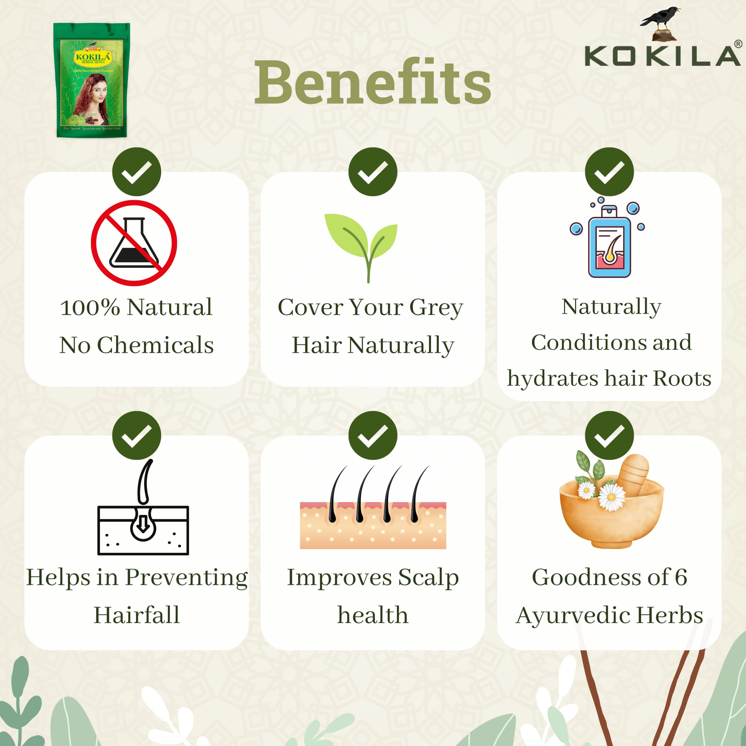 Kokila 100% Natural & Herbal Henna Mehandi Powder With 6 Ayurvedic Herbs, Organic Hair Colour | Grocsy