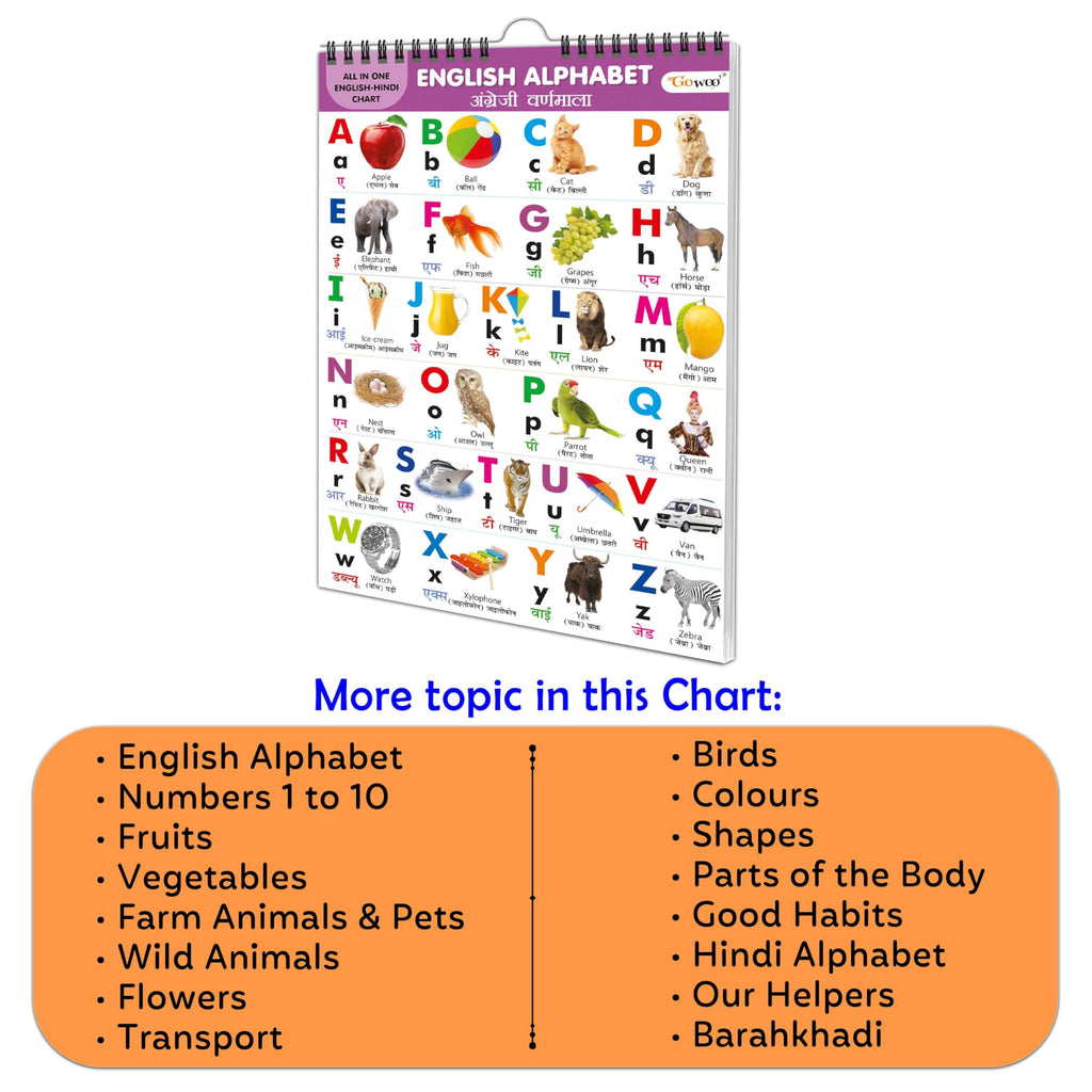 English-Hindi Chart For Kids (16 Charts ) 36 X 50 Cm - Children Spiral Wall Picture Chart | Grocsy