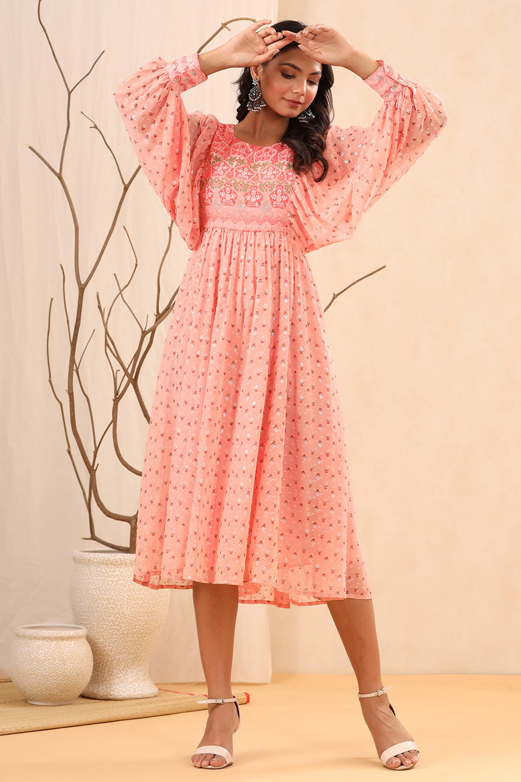 Juniper Women's Peach Ethnic Motif Printed Georgette Midi Dress With Sequins Work | Grocsy