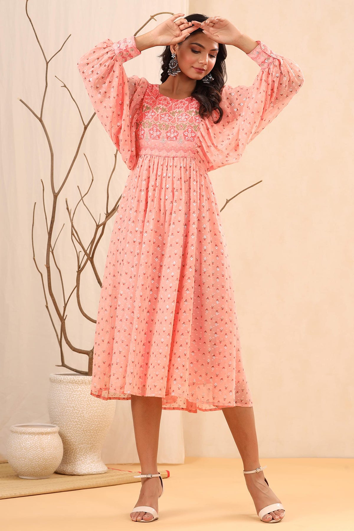Juniper Women's Peach Ethnic Motif Printed Georgette Midi Dress With Sequins Work | Grocsy