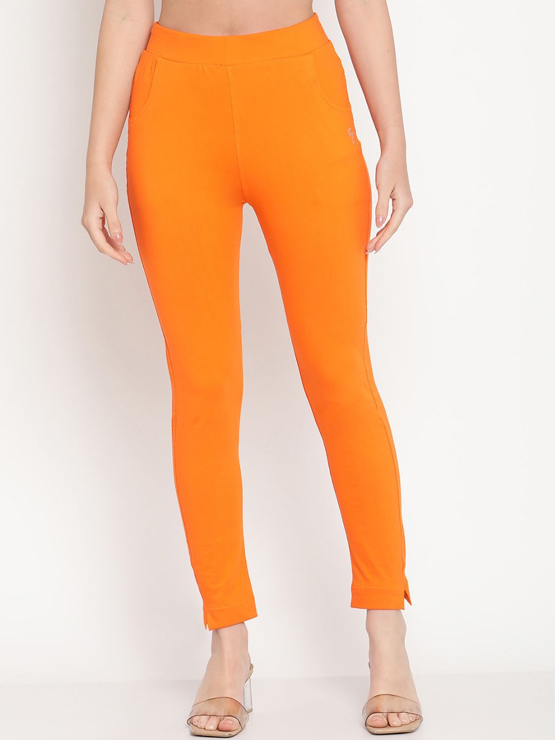 TAG 7 Set Of 2 Beige & Orange Solid Leggings | Grocsy
