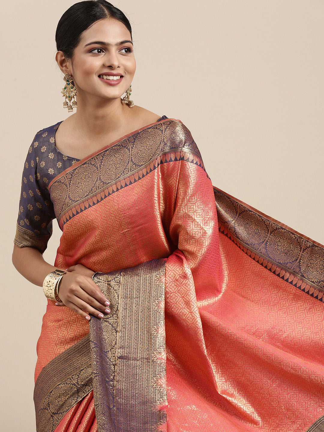 Saree Mall Pink Woven Design Zari Silk Blend Banarasi Saree | Grocsy