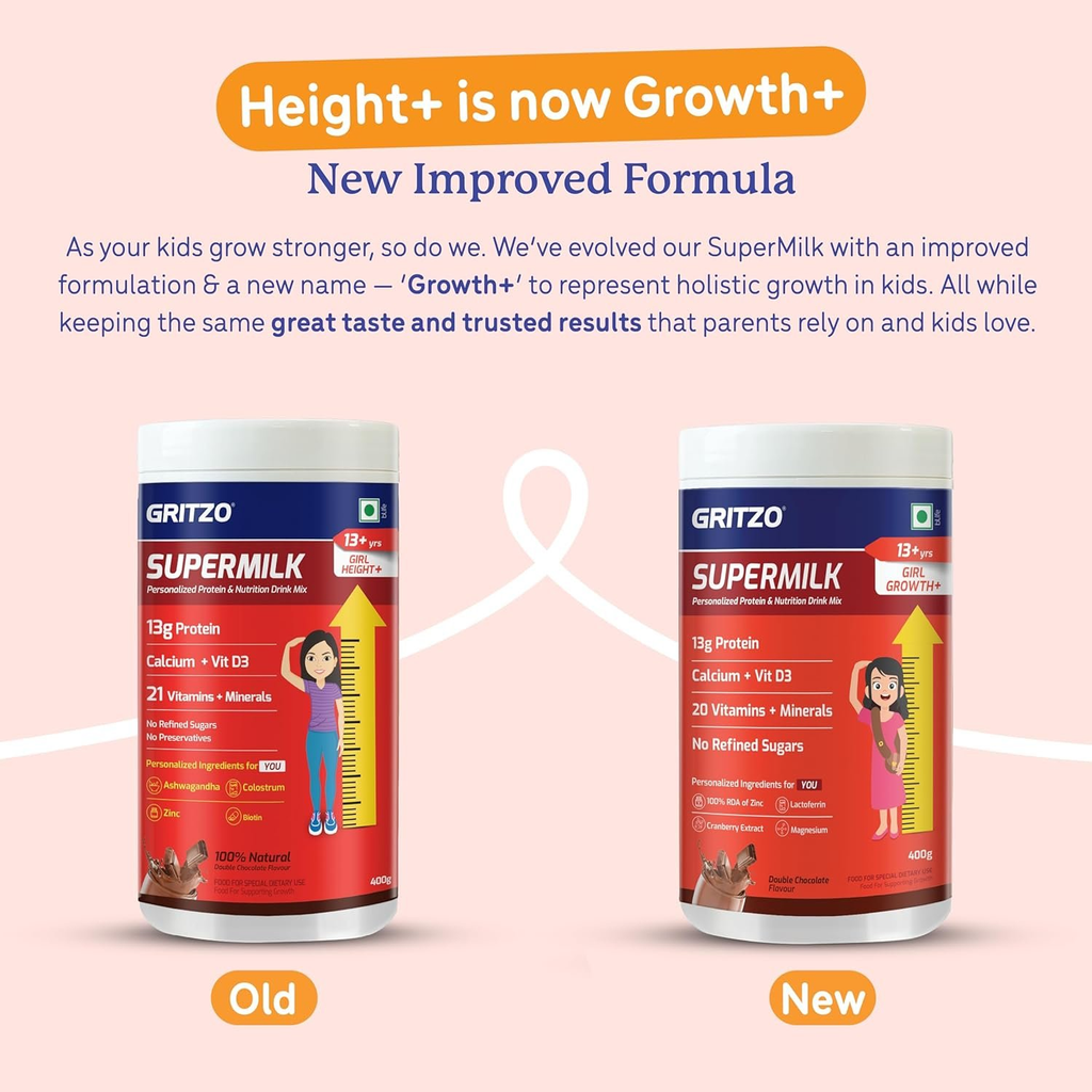 Gritzo Supermilk Height+ Health Drink For 13+Y Girls - Double Chocolate | Grocsy
