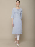 Sangria Women Lavender Geometric Printed Flared Sleeves Thread Work Kurta | Grocsy