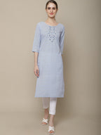 Sangria Women Lavender Geometric Printed Flared Sleeves Thread Work Kurta | Grocsy
