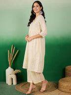Sangria Off White Floral Embroidered Mirror Work Pure Cotton Anarkali Kurta Set | Grocsy