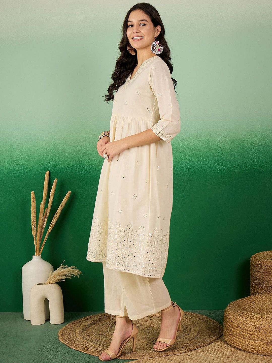 Sangria Off White Floral Embroidered Mirror Work Pure Cotton Anarkali Kurta Set | Grocsy