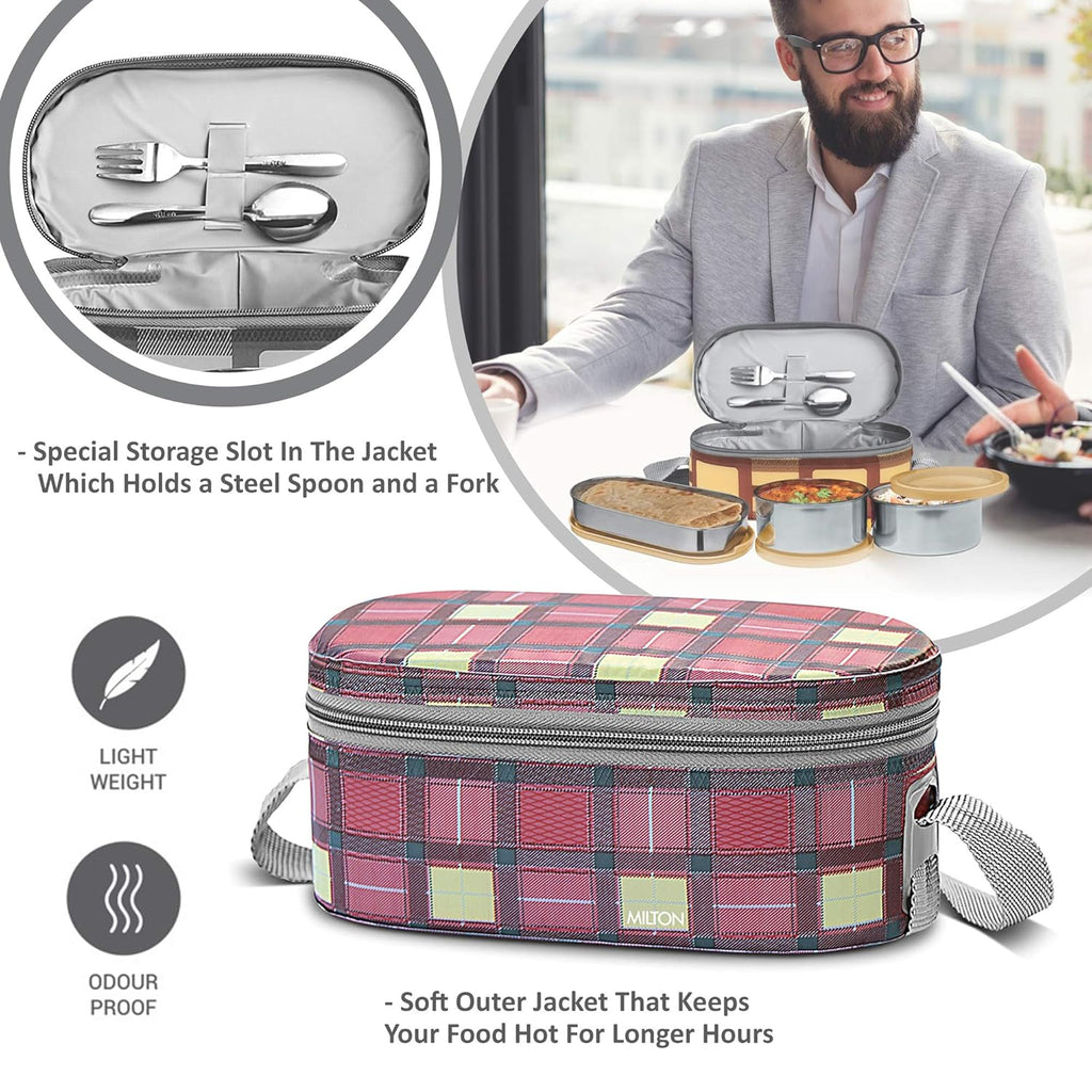 MILTON Corporate Lunch Stainless Steel Containers, Set of 3, (280 ml, 280 ml, 472 ml), Maroon | Grocsy